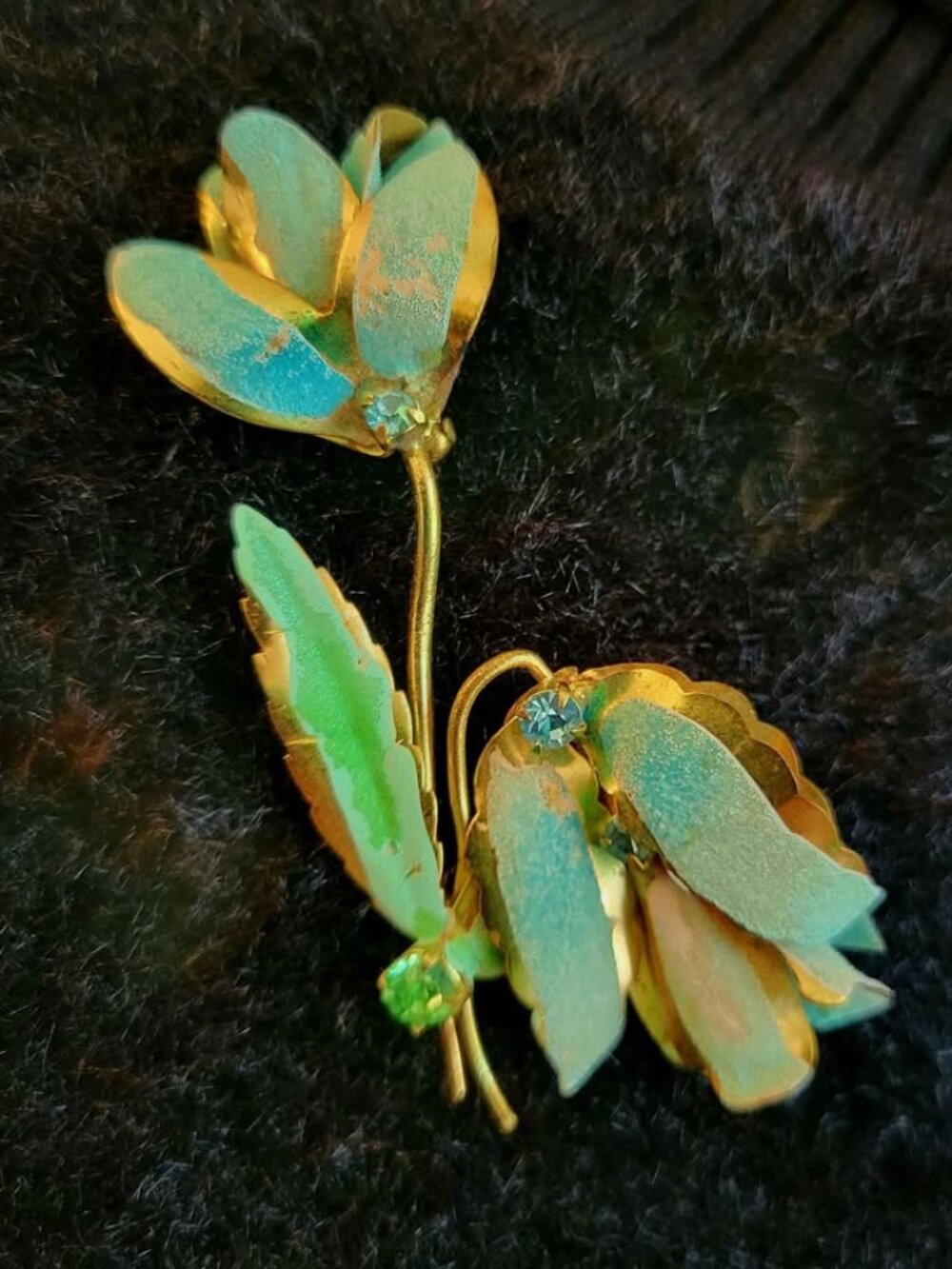 Vintage Gold-Tone Floral Brooch With Turquoise Enamel And Sparkling Rhinestones